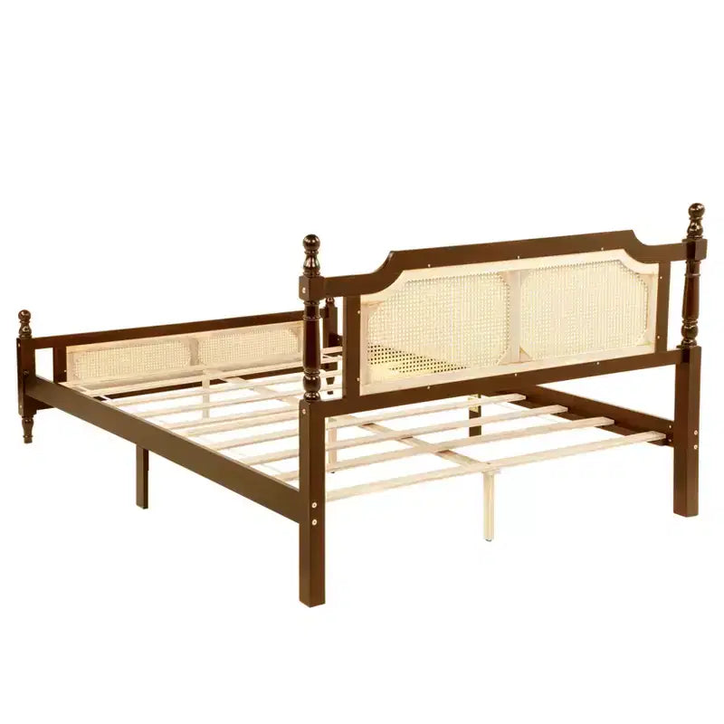 Lit plateforme Queen Size avec tête de lit et pied de lit en rotin, lit en bois et rotin avec support central renforcé
