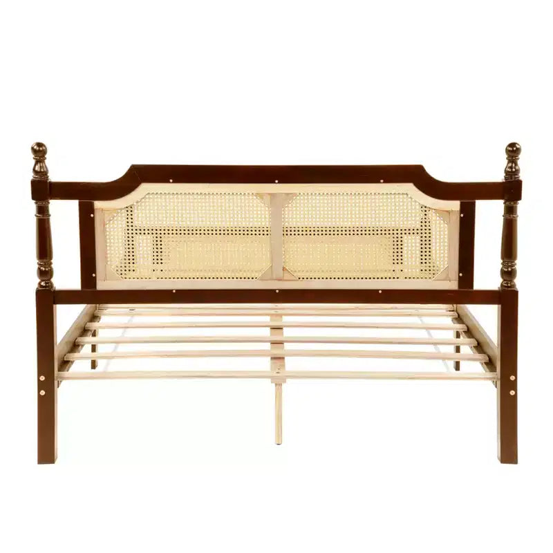 Lit plateforme Queen Size avec tête de lit et pied de lit en rotin, lit en bois et rotin avec support central renforcé