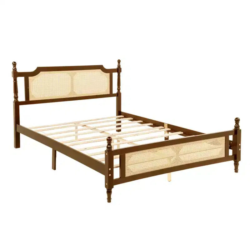 Lit plateforme Queen Size avec tête de lit et pied de lit en rotin, lit en bois et rotin avec support central renforcé