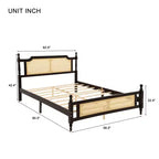 Lit plateforme Queen Size avec tête de lit et pied de lit en rotin, lit en bois et rotin avec support central renforcé