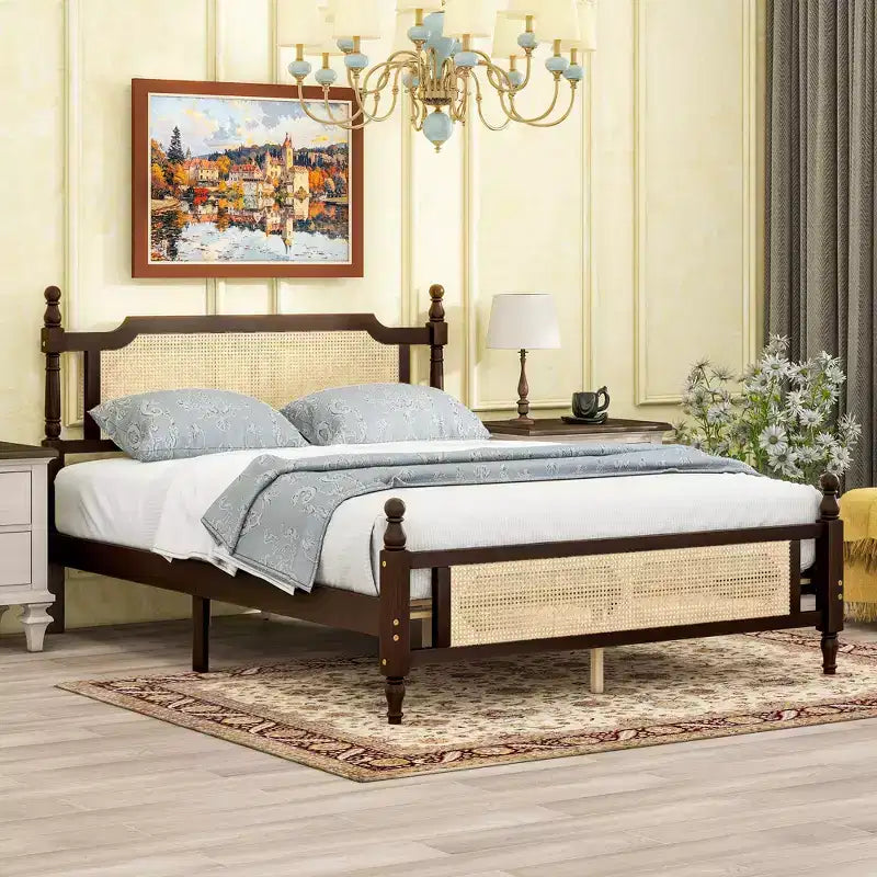 Lit plateforme Queen Size avec tête de lit et pied de lit en rotin, lit en bois et rotin avec support central renforcé