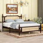 Lit plateforme Queen Size avec tête de lit et pied de lit en rotin, lit en bois et rotin avec support central renforcé