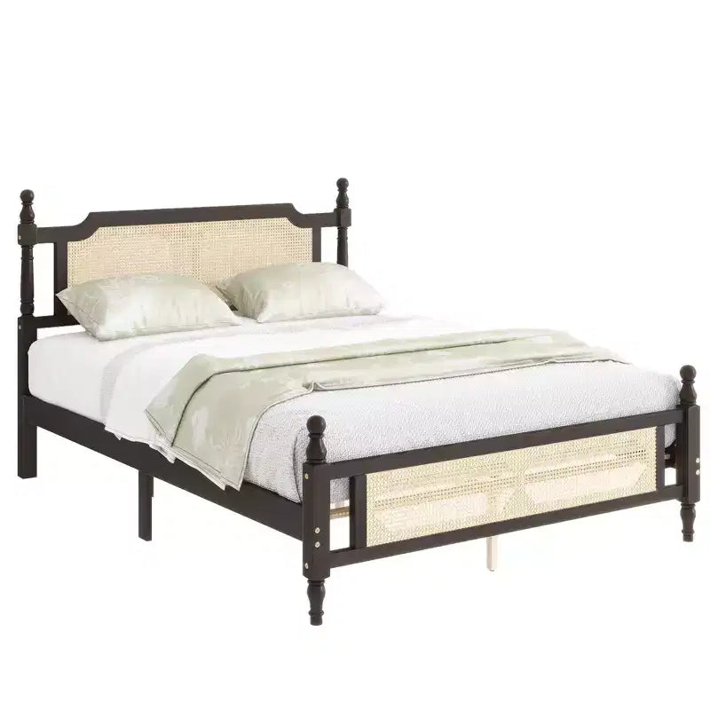 Lit plateforme Queen Size avec tête de lit et pied de lit en rotin, lit en bois et rotin avec support central renforcé