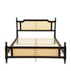 Lit plateforme Queen Size avec tête de lit et pied de lit en rotin, lit en bois et rotin avec support central renforcé