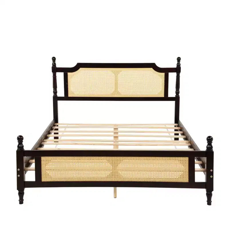 Lit plateforme Queen Size avec tête de lit et pied de lit en rotin, lit en bois et rotin avec support central renforcé