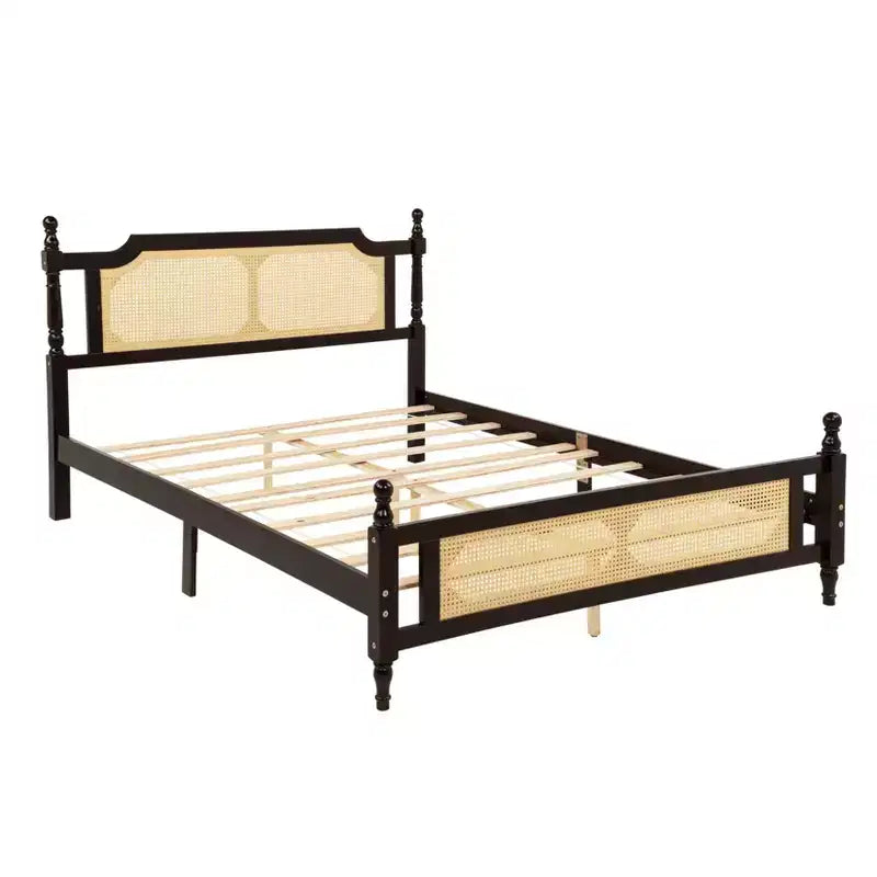Lit plateforme Queen Size avec tête de lit et pied de lit en rotin, lit en bois et rotin avec support central renforcé