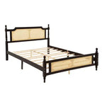 Lit plateforme Queen Size avec tête de lit et pied de lit en rotin, lit en bois et rotin avec support central renforcé
