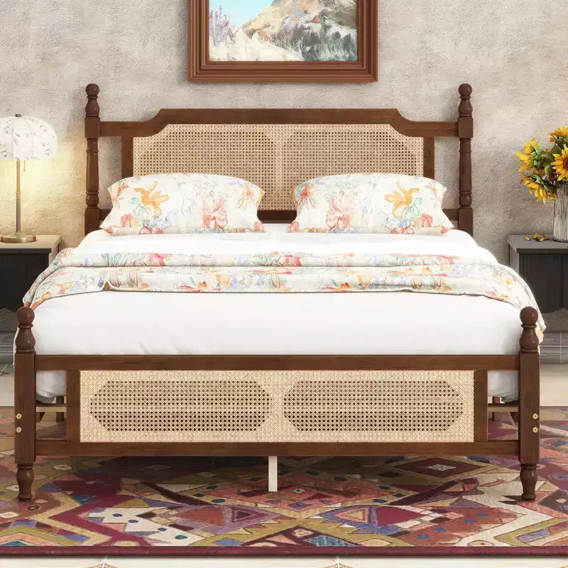 Lit plateforme Queen Size avec tête de lit et pied de lit en rotin, lit en bois et rotin avec support central renforcé