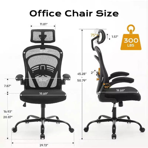 Chaise de bureau ergonomique Acekool avec accoudoirs relevables, siège large en maille, soutien lombaire, chaise de bureau d'ordinateur pour chambre à coucher et bureau