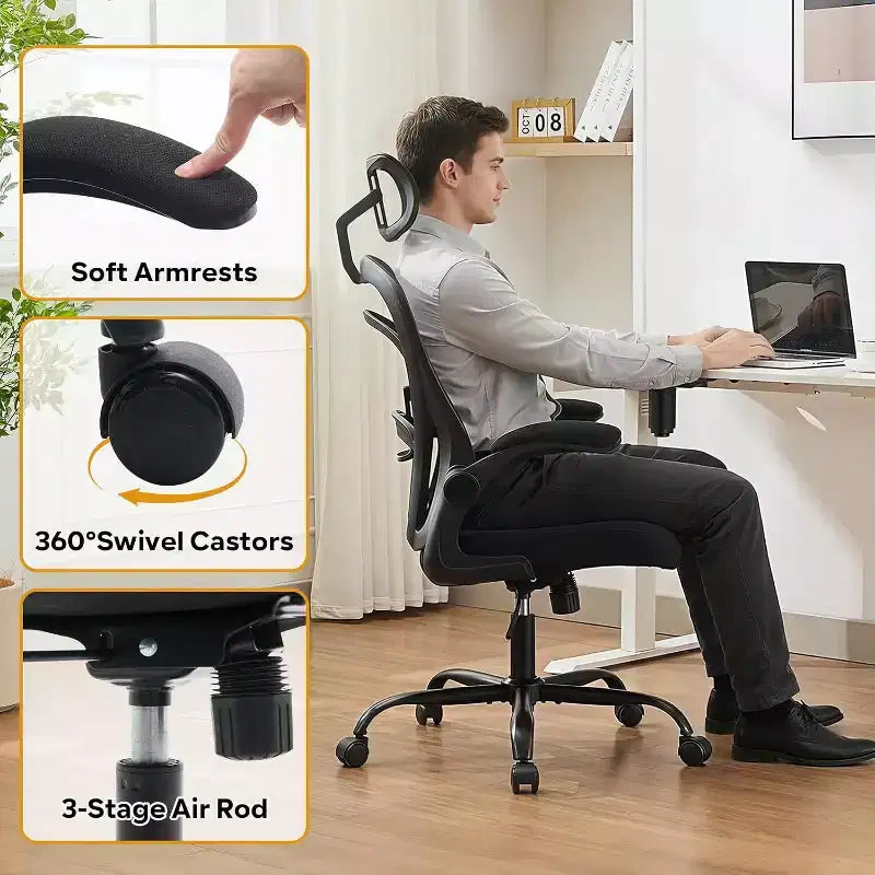 Chaise de bureau ergonomique Acekool avec accoudoirs relevables, siège large en maille, soutien lombaire, chaise de bureau d'ordinateur pour chambre à coucher et bureau