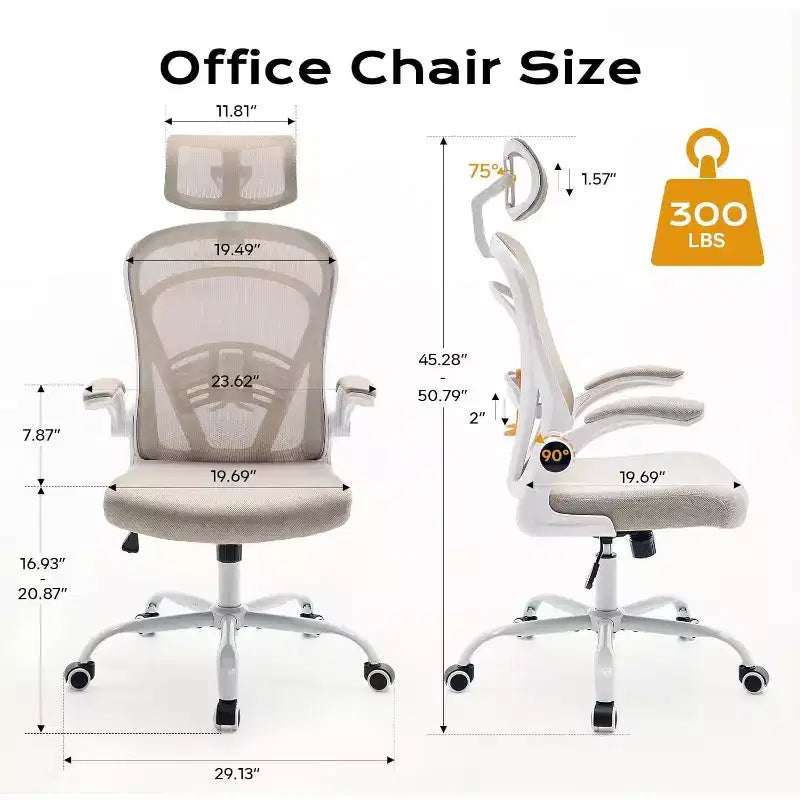 Chaise de bureau ergonomique Acekool avec accoudoirs relevables, siège large en maille, soutien lombaire, chaise de bureau d'ordinateur pour chambre à coucher et bureau