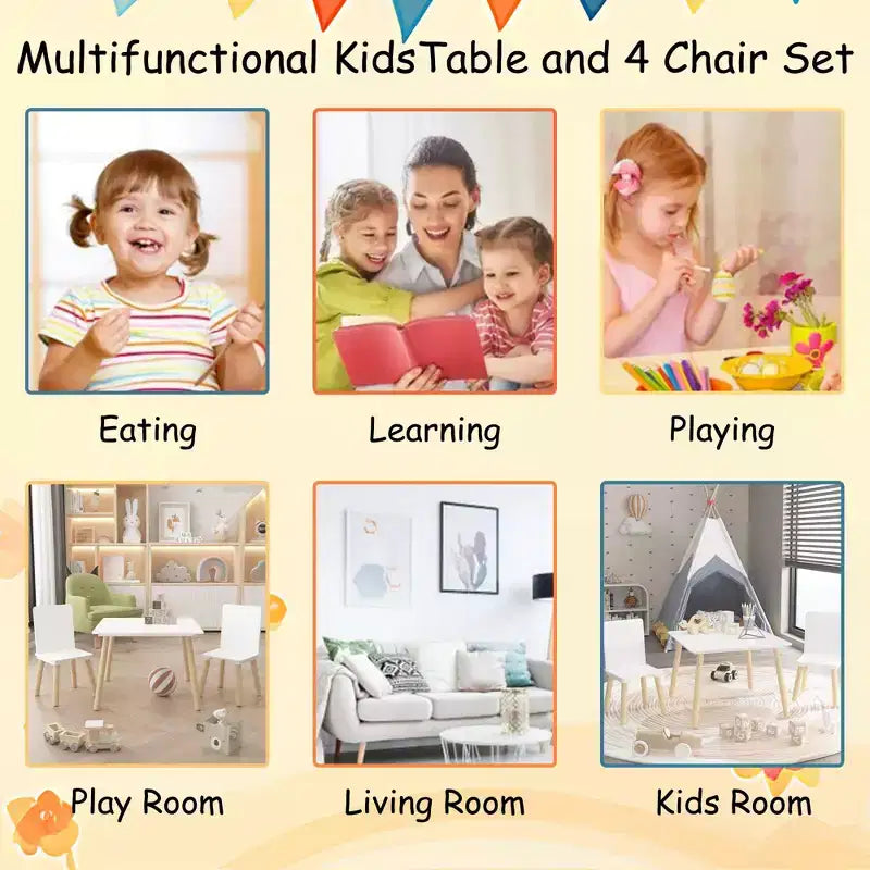 Ensemble table et 2 chaises Etokfoks pour enfants - Bois massif et MDF - Blanc - Table 60 x 60 x 44 cm - Chaises 34 x 30 x 51 cm