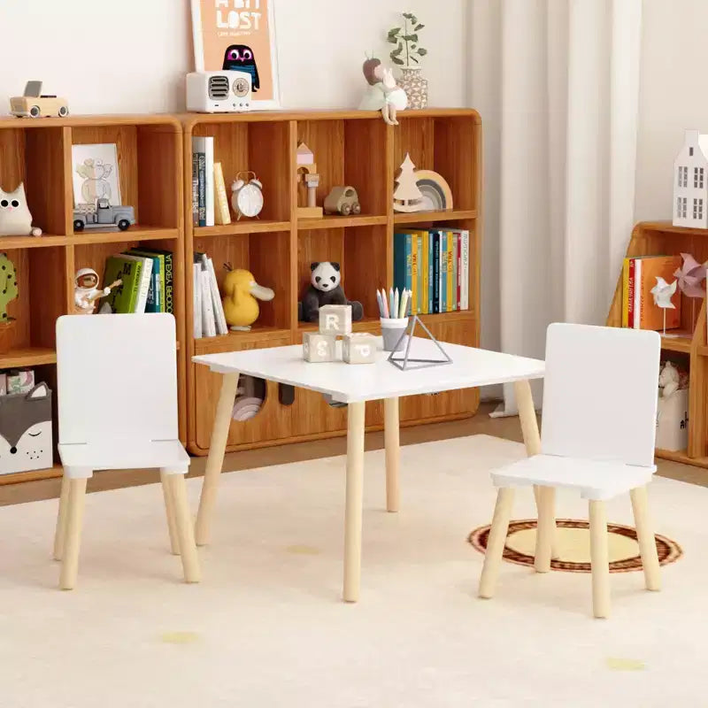 Ensemble table et 2 chaises Etokfoks pour enfants - Bois massif et MDF - Blanc - Table 60 x 60 x 44 cm - Chaises 34 x 30 x 51 cm