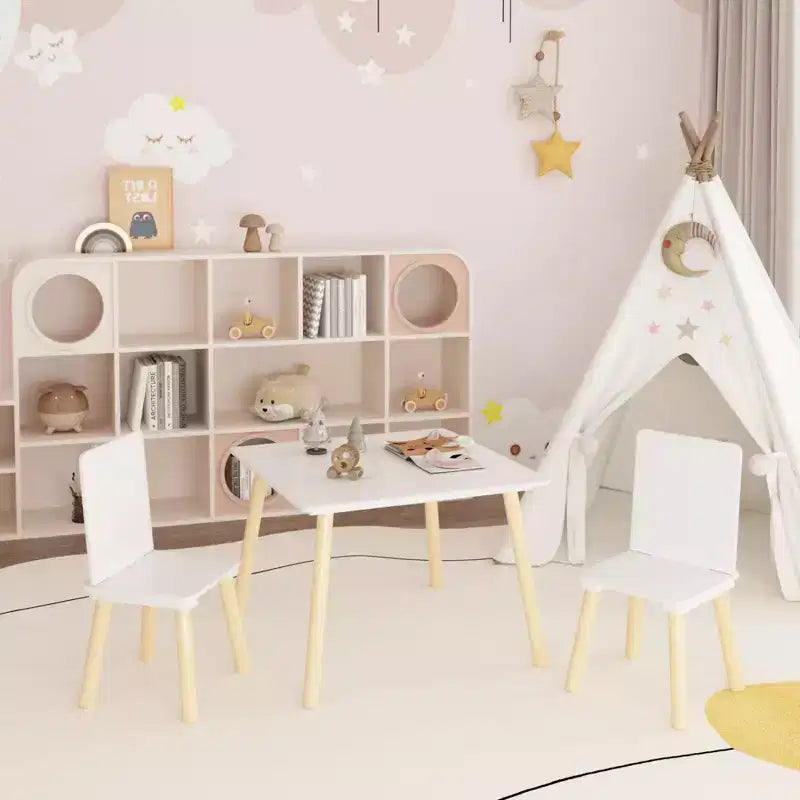 Ensemble table et 2 chaises Etokfoks pour enfants - Bois massif et MDF - Blanc - Table 60 x 60 x 44 cm - Chaises 34 x 30 x 51 cm