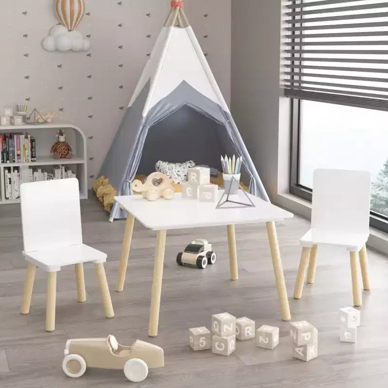 Ensemble table et 2 chaises Etokfoks pour enfants - Bois massif et MDF - Blanc - Table 60 x 60 x 44 cm - Chaises 34 x 30 x 51 cm