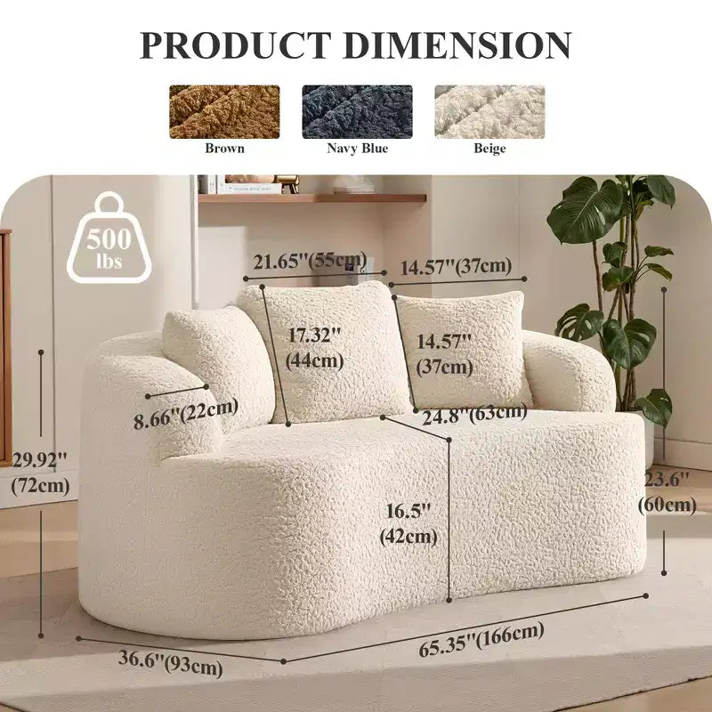 Canapé KERDOM à dossier incurvé en tissu Teddy Bear avec coussin d'assise confortable et 3 oreillers, convient pour le salon