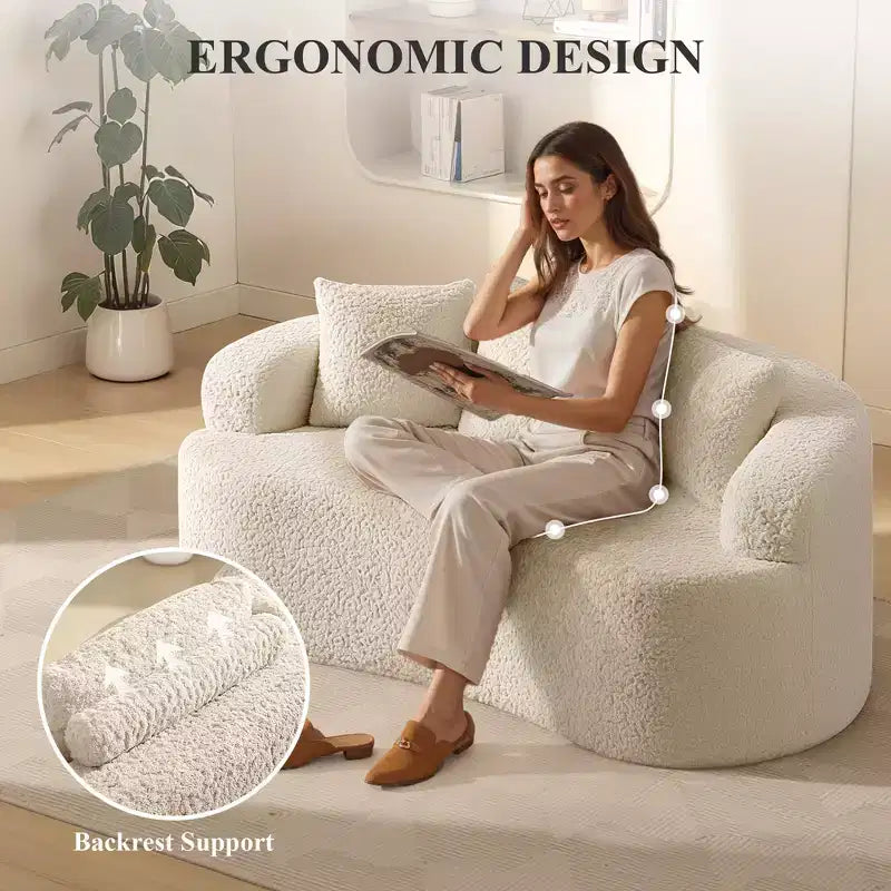 Canapé KERDOM à dossier incurvé en tissu Teddy Bear avec coussin d'assise confortable et 3 oreillers, convient pour le salon