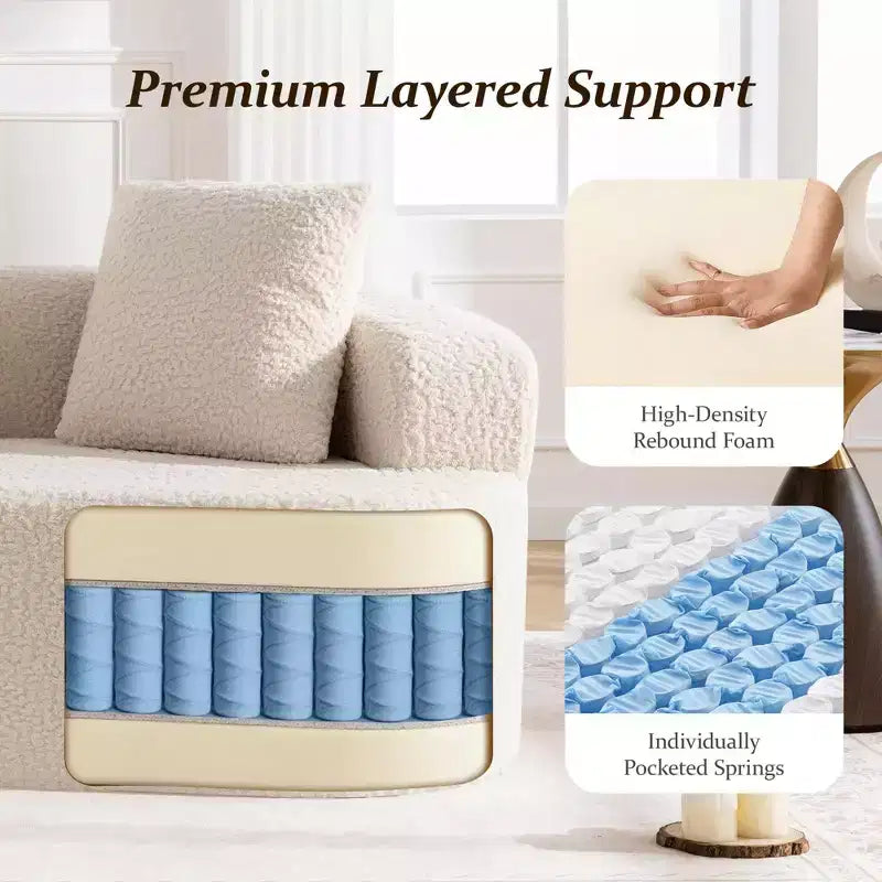 Canapé KERDOM à dossier incurvé en tissu Teddy Bear avec coussin d'assise confortable et 3 oreillers, convient pour le salon