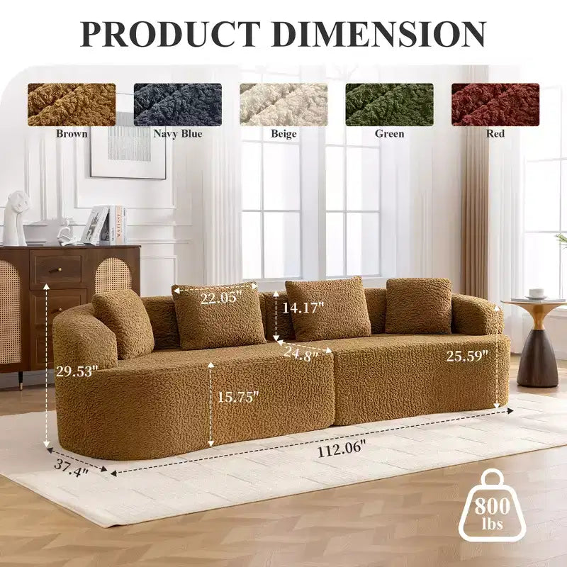 Canapé KERDOM à dossier incurvé en tissu Teddy Bear avec coussin d'assise confortable et 3 oreillers, convient pour le salon