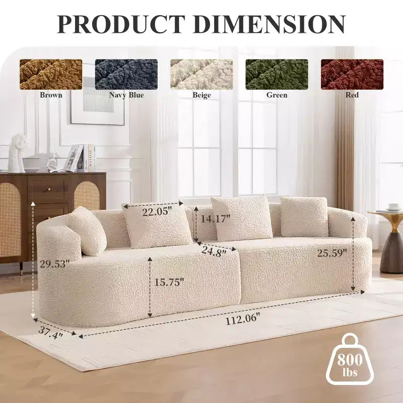 Canapé KERDOM à dossier incurvé en tissu Teddy Bear avec coussin d'assise confortable et 3 oreillers, convient pour le salon