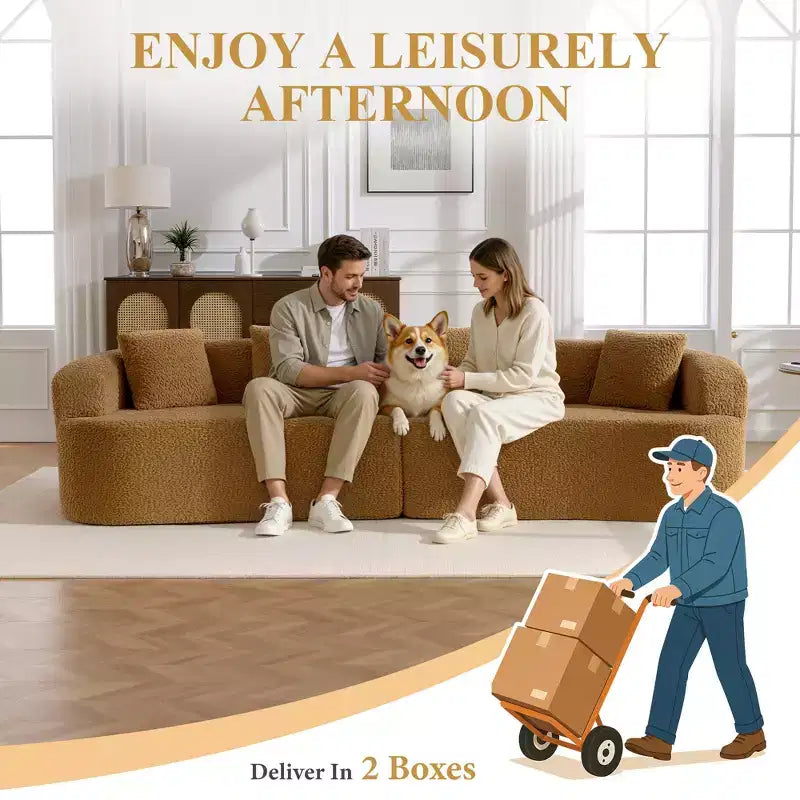 Canapé KERDOM à dossier incurvé en tissu Teddy Bear avec coussin d'assise confortable et 3 oreillers, convient pour le salon