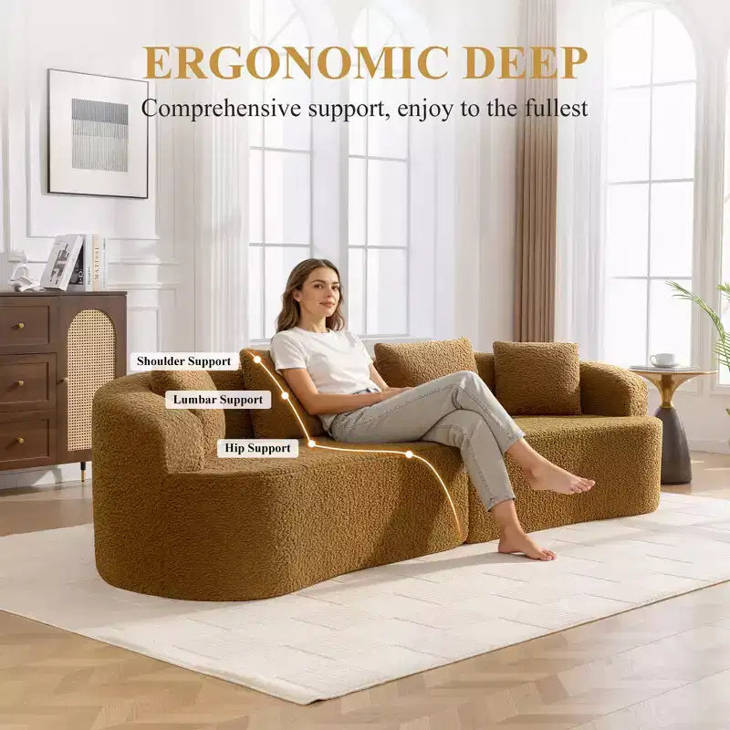 Canapé KERDOM à dossier incurvé en tissu Teddy Bear avec coussin d'assise confortable et 3 oreillers, convient pour le salon