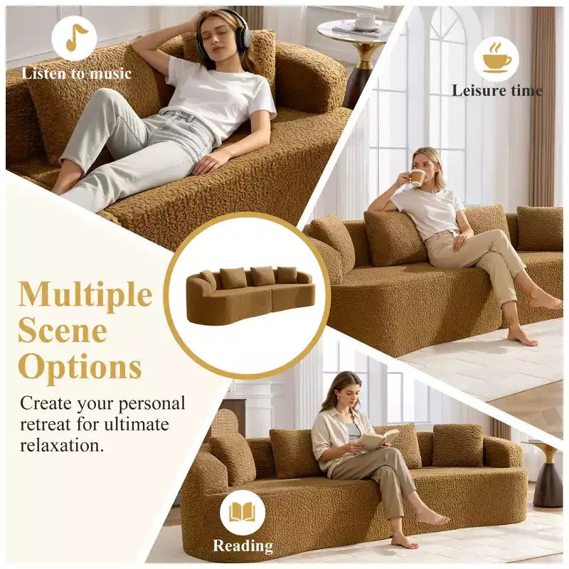 Canapé KERDOM à dossier incurvé en tissu Teddy Bear avec coussin d'assise confortable et 3 oreillers, convient pour le salon