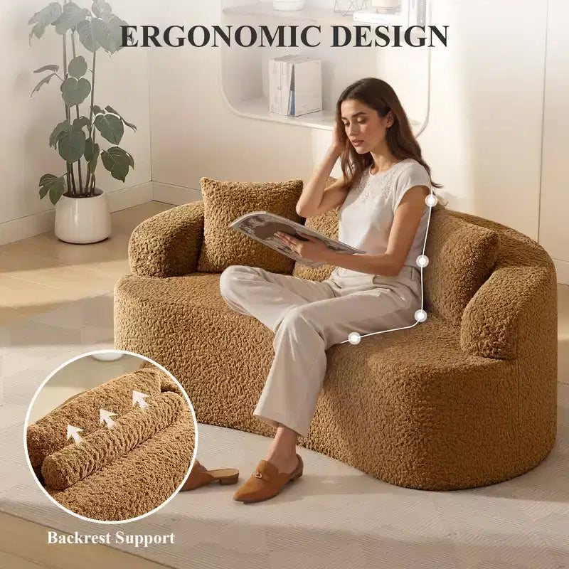 Canapé KERDOM à dossier incurvé en tissu Teddy Bear avec coussin d'assise confortable et 3 oreillers, convient pour le salon