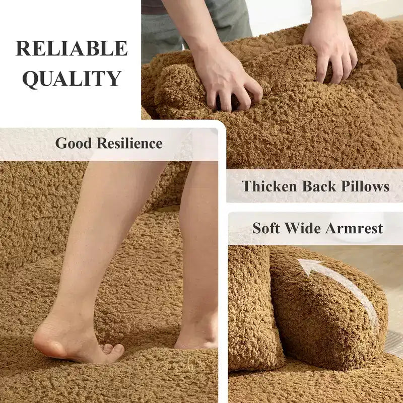 Canapé KERDOM à dossier incurvé en tissu Teddy Bear avec coussin d'assise confortable et 3 oreillers, convient pour le salon