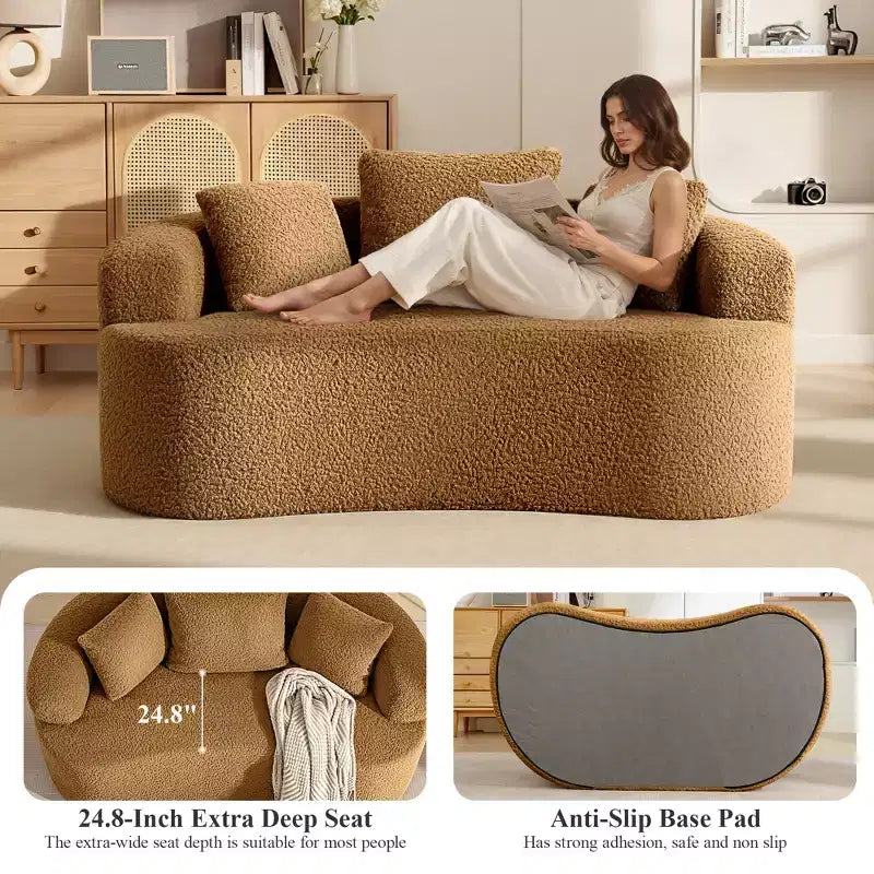 Canapé KERDOM à dossier incurvé en tissu Teddy Bear avec coussin d'assise confortable et 3 oreillers, convient pour le salon