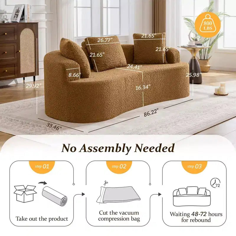Canapé KERDOM à dossier incurvé en tissu Teddy Bear avec coussin d'assise confortable et 3 oreillers, convient pour le salon