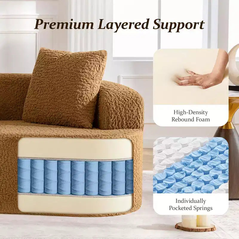 Canapé KERDOM à dossier incurvé en tissu Teddy Bear avec coussin d'assise confortable et 3 oreillers, convient pour le salon