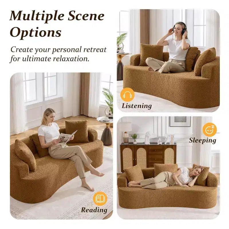 Canapé KERDOM à dossier incurvé en tissu Teddy Bear avec coussin d'assise confortable et 3 oreillers, convient pour le salon