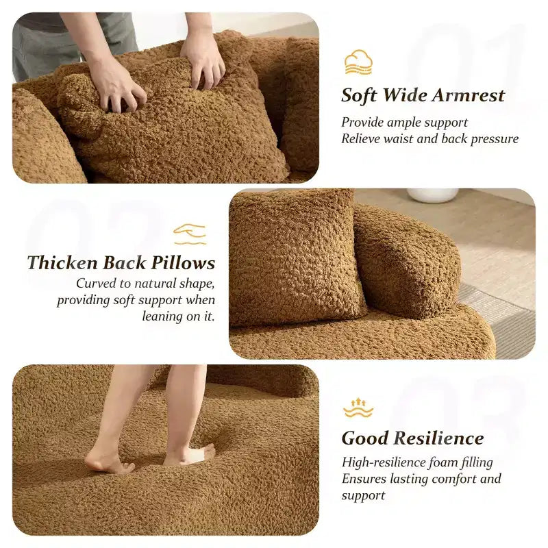 Canapé KERDOM à dossier incurvé en tissu Teddy Bear avec coussin d'assise confortable et 3 oreillers, convient pour le salon