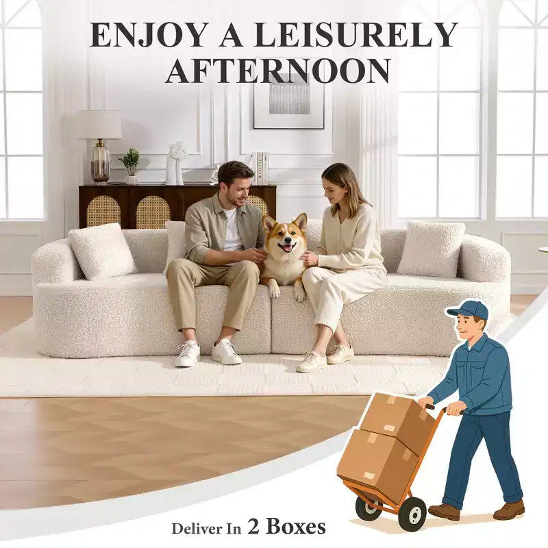 Canapé KERDOM à dossier incurvé en tissu Teddy Bear avec coussin d'assise confortable et 3 oreillers, convient pour le salon