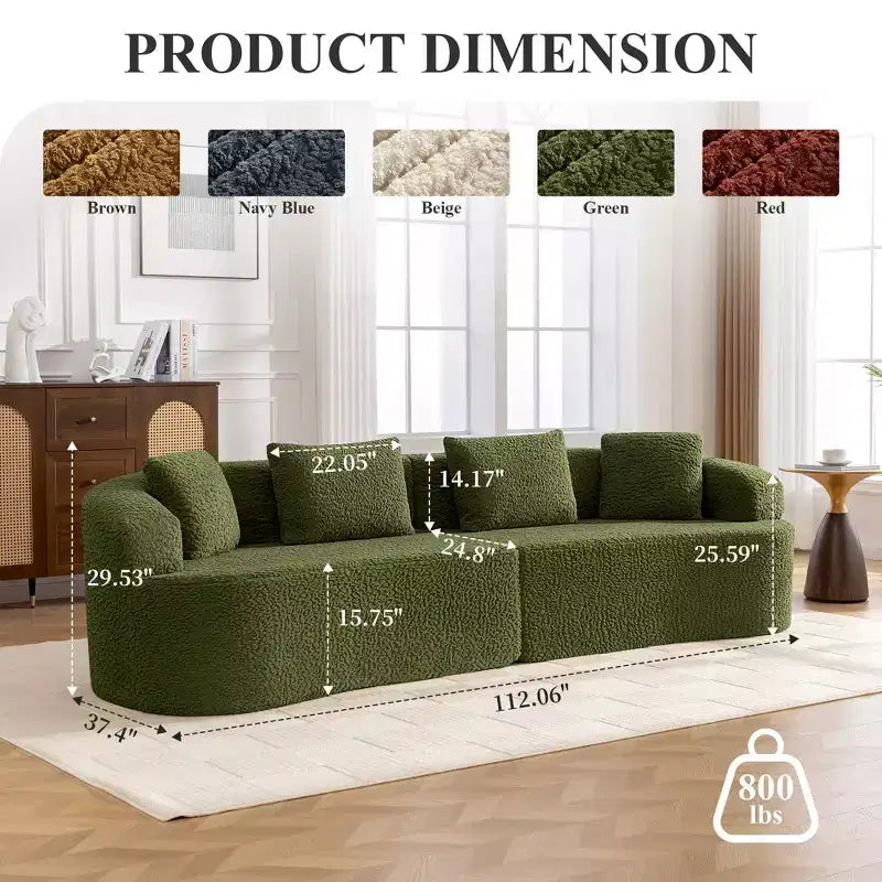 Canapé KERDOM à dossier incurvé en tissu Teddy Bear avec coussin d'assise confortable et 3 oreillers, convient pour le salon