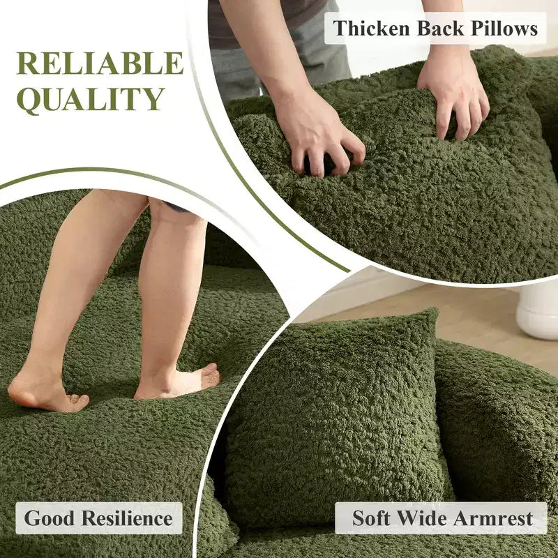 Canapé KERDOM à dossier incurvé en tissu Teddy Bear avec coussin d'assise confortable et 3 oreillers, convient pour le salon