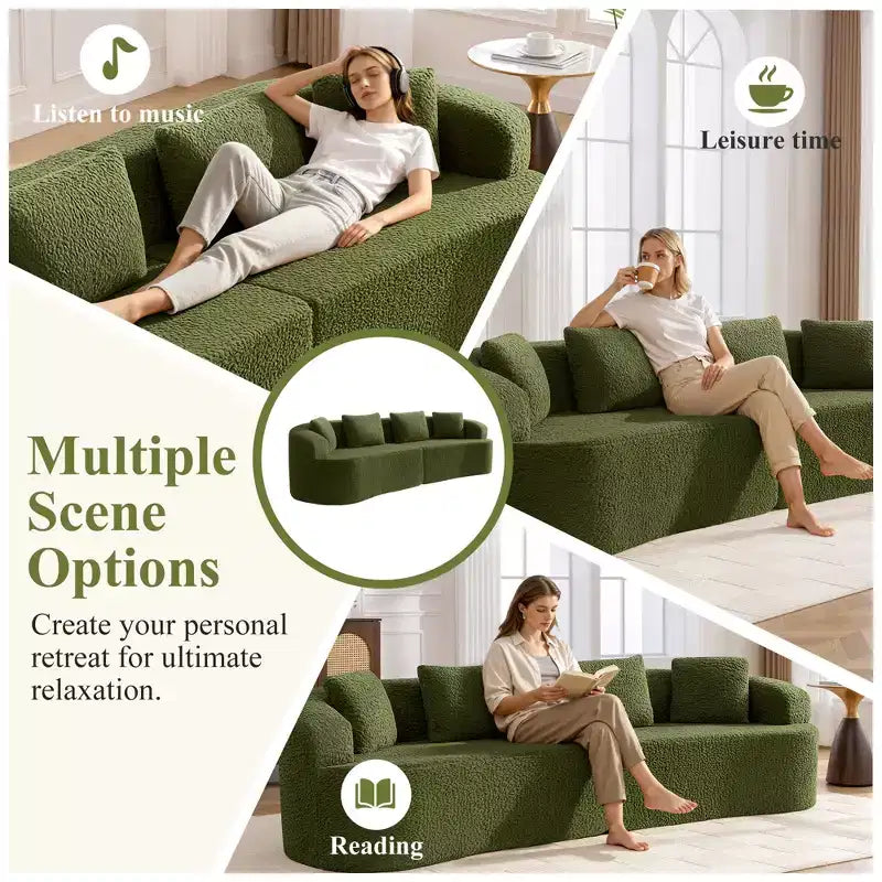 Canapé KERDOM à dossier incurvé en tissu Teddy Bear avec coussin d'assise confortable et 3 oreillers, convient pour le salon