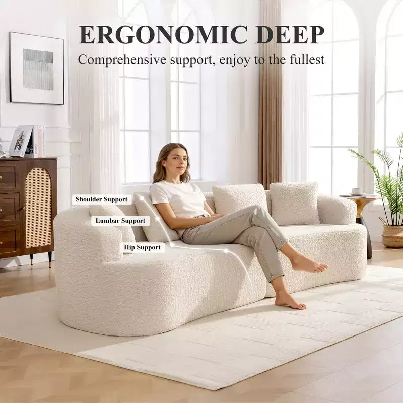 Canapé KERDOM à dossier incurvé en tissu Teddy Bear avec coussin d'assise confortable et 3 oreillers, convient pour le salon