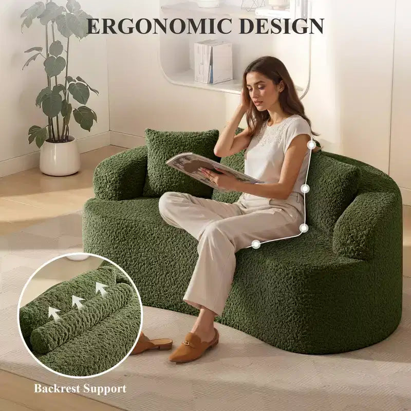 Canapé KERDOM à dossier incurvé en tissu Teddy Bear avec coussin d'assise confortable et 3 oreillers, convient pour le salon