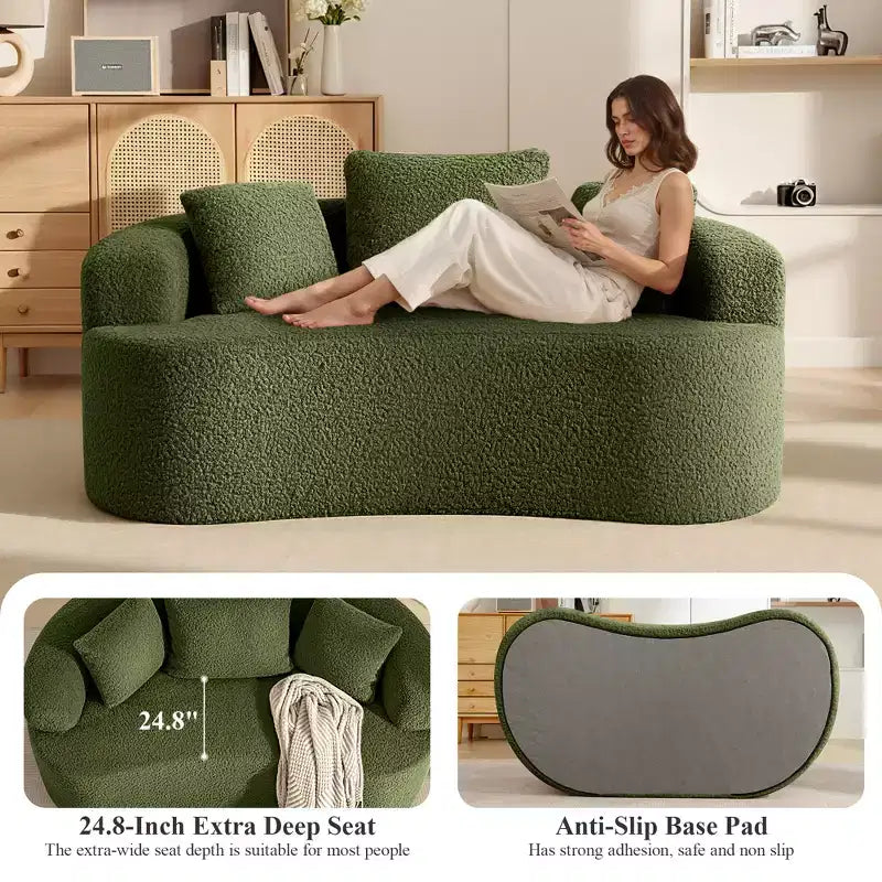 Canapé KERDOM à dossier incurvé en tissu Teddy Bear avec coussin d'assise confortable et 3 oreillers, convient pour le salon