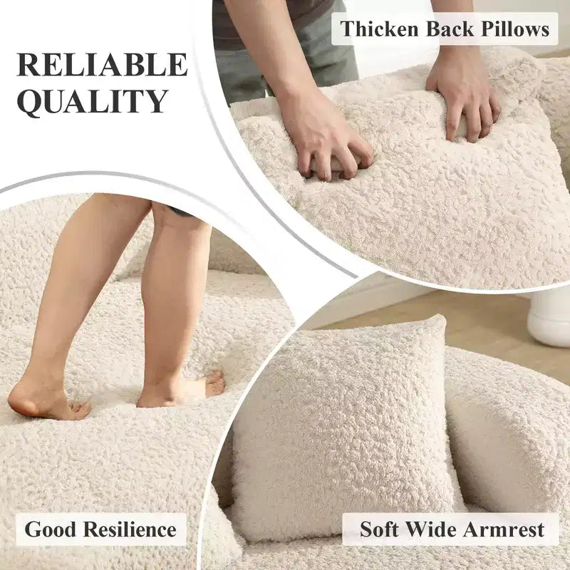 Canapé KERDOM à dossier incurvé en tissu Teddy Bear avec coussin d'assise confortable et 3 oreillers, convient pour le salon