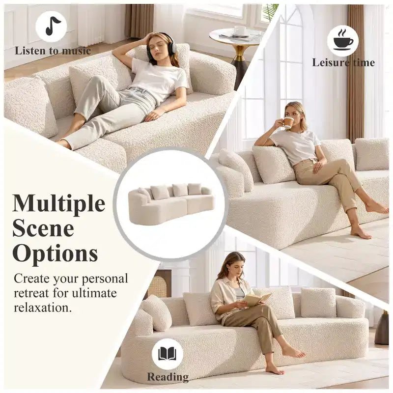 Canapé KERDOM à dossier incurvé en tissu Teddy Bear avec coussin d'assise confortable et 3 oreillers, convient pour le salon