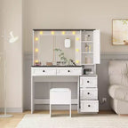 Makeup Vanity, 3 Lighting Modes Vanity Desk with Soft Cushioned Stool, White Dressing Table Set with 5Drawers & Storage Shelves