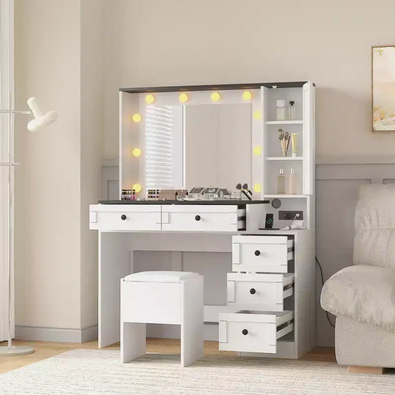 Coiffeuse avec 3 modes d'éclairage et tabouret rembourré, Ensemble de coiffeuse blanc avec 5 tiroirs et étagères de rangement
