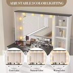 Coiffeuse avec 3 modes d'éclairage et tabouret rembourré, Ensemble de coiffeuse blanc avec 5 tiroirs et étagères de rangement