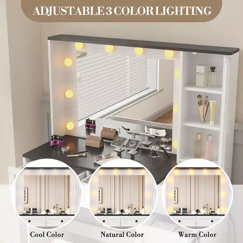 Coiffeuse avec 3 modes d'éclairage et tabouret rembourré, Ensemble de coiffeuse blanc avec 5 tiroirs et étagères de rangement