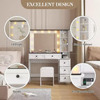 Coiffeuse avec 3 modes d'éclairage et tabouret rembourré, Ensemble de coiffeuse blanc avec 5 tiroirs et étagères de rangement