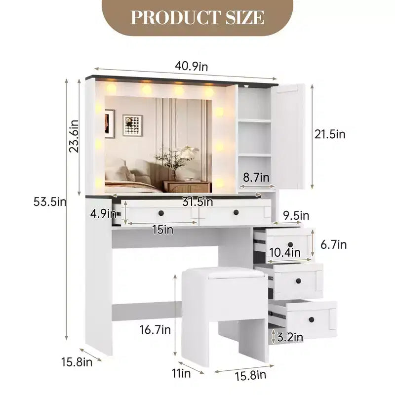 Coiffeuse avec 3 modes d'éclairage et tabouret rembourré, Ensemble de coiffeuse blanc avec 5 tiroirs et étagères de rangement
