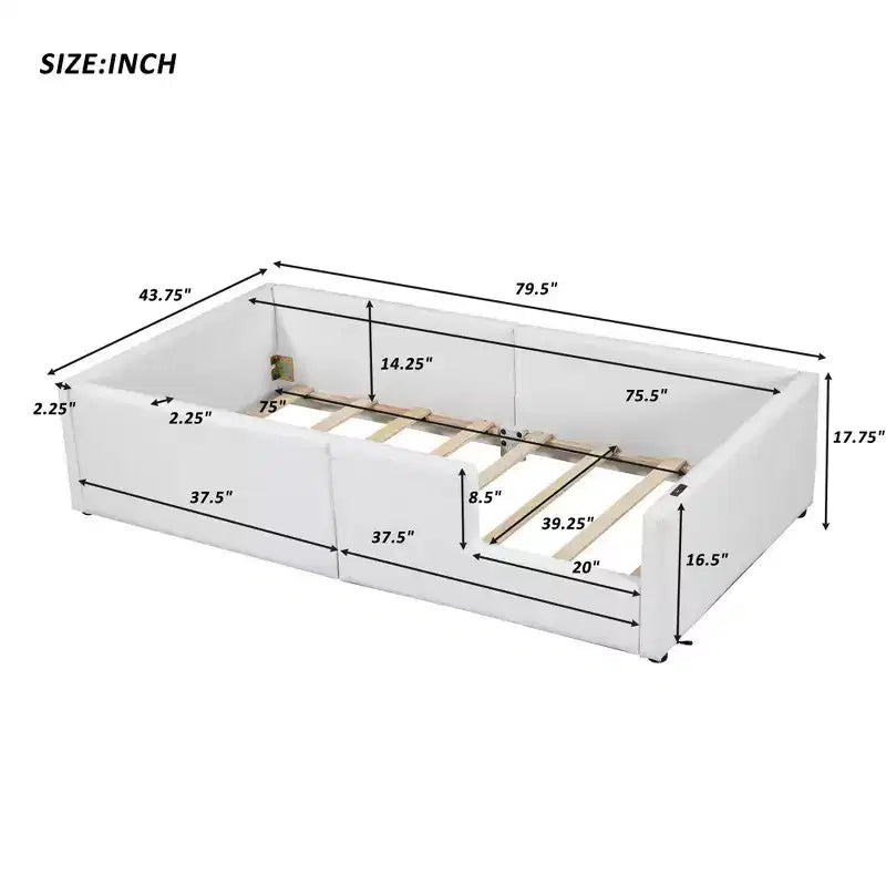 Lit plateforme moderne double Luxystar en tissu avec garde-corps, ports USB et Type-C